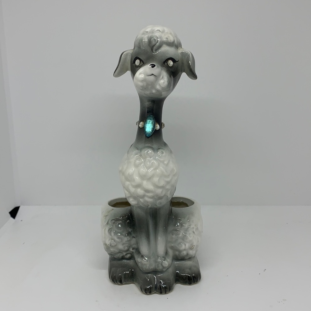 Enesco Ceramic Poodle Lipstick Holder with Rhinestone Eyes Vintage